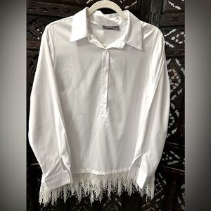 NEIMAN MARCUS Women’s Medium White Tunic Crochet Fringe Lagenlook Zen Boho